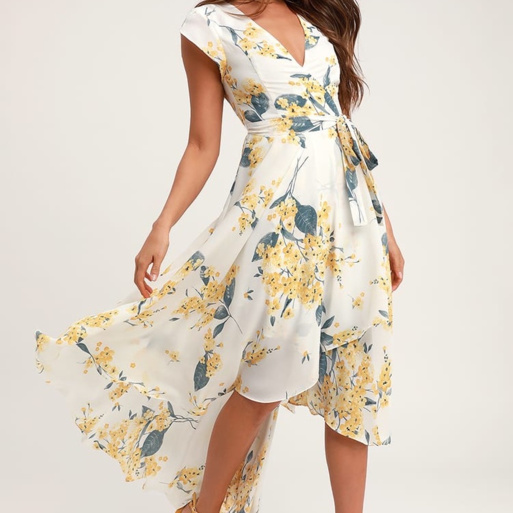 Lulus French Countryside White and Yellow Floral Print High-Low Dress